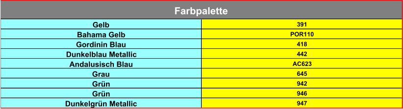 Gelb 391 Bahama Gelb POR110 Gordinin Blau 418 Dunkelblau Metallic 442 Andalusisch Blau AC623 Grau 645 Grün 942 Grün 946 Dunkelgrün Metallic 947 Farbpalette