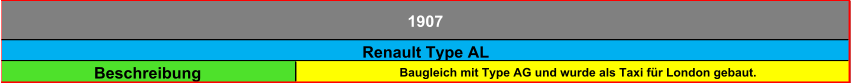Beschreibung Baugleich mit Type AG und wurde als Taxi für London gebaut. Renault Type AL 1907