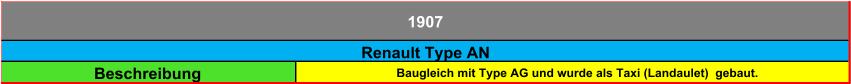 Beschreibung Baugleich mit Type AG und wurde als Taxi (Landaulet)  gebaut. 1907 Renault Type AN